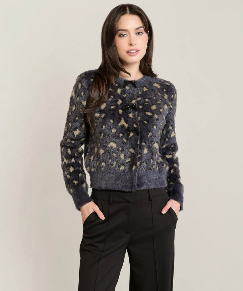 Top - Dex Fuzzy Leopard Bow Button Cardigan