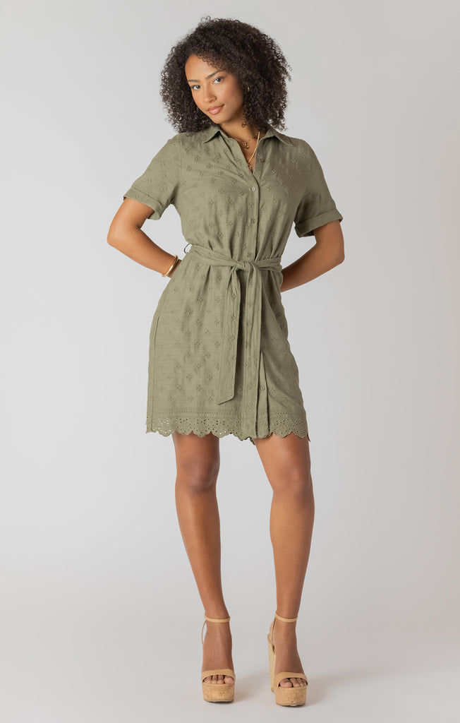 Dress - Dex Linen Belted Eyelet Hem Mini Shirt Dress
