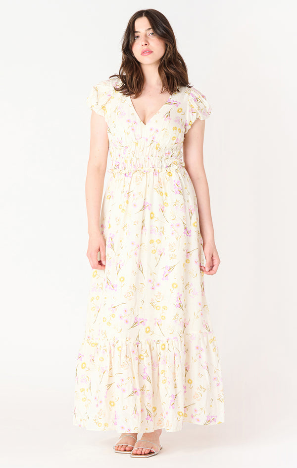 Dress - Dex Bubble Sleeve Elastic Waist Floral Maxi Dress