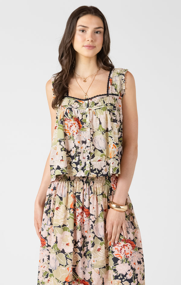 Top - Dex Floral Pintuck Detail Button Front Tank