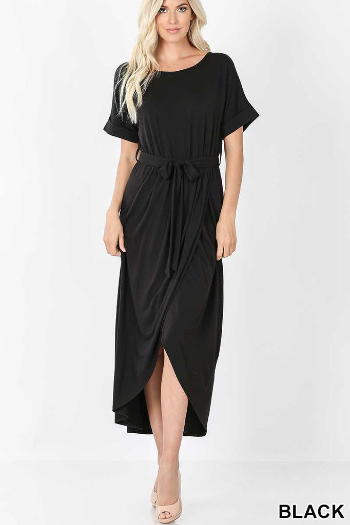 Dress - Belted Short Sleeve Tulip Long Dress