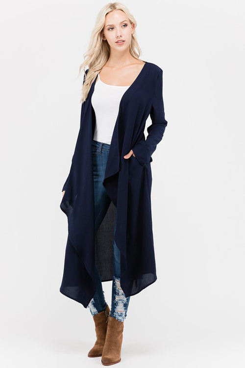 Top -  Solid Rolled Up Sleeve Long Cardigan With Pocket